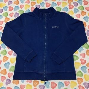 BCBG Women’s Blue Mock Neck Full Zip Long Sleeve Sweater with Glittered Logo